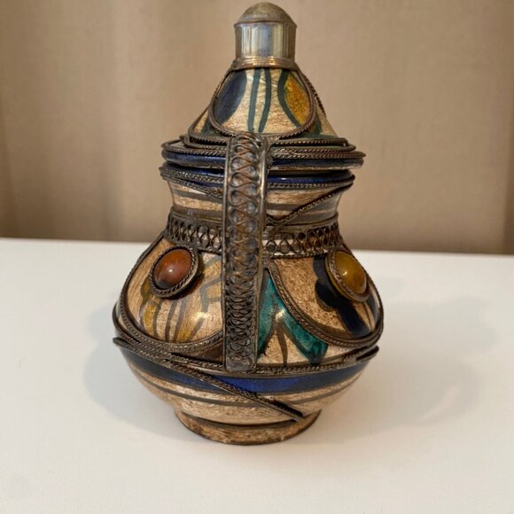 Vintage Moroccan Ceramic Tea Pot – Silver Filigree & Gemstone‎ Accents - Picture 5 of 8